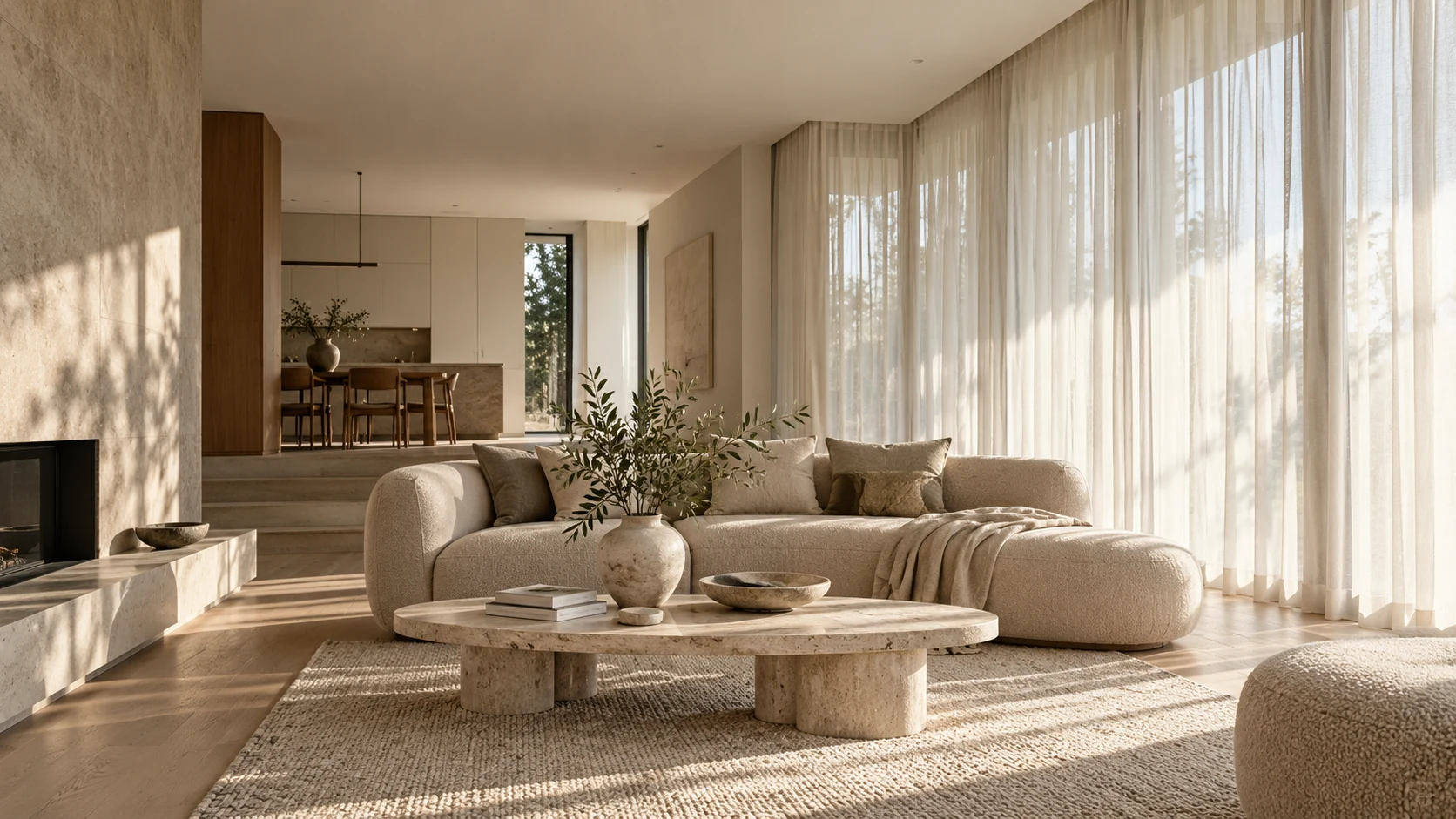 Interior inspiration: full-height ivory sheers filtering daylight into a contemporary living room
