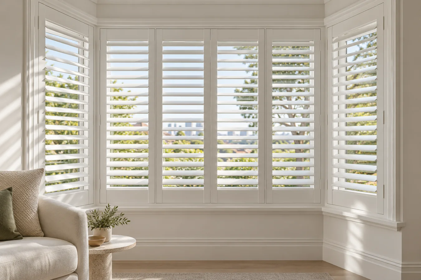 Interior inspiration: white plantation shutters framing a sunlit window